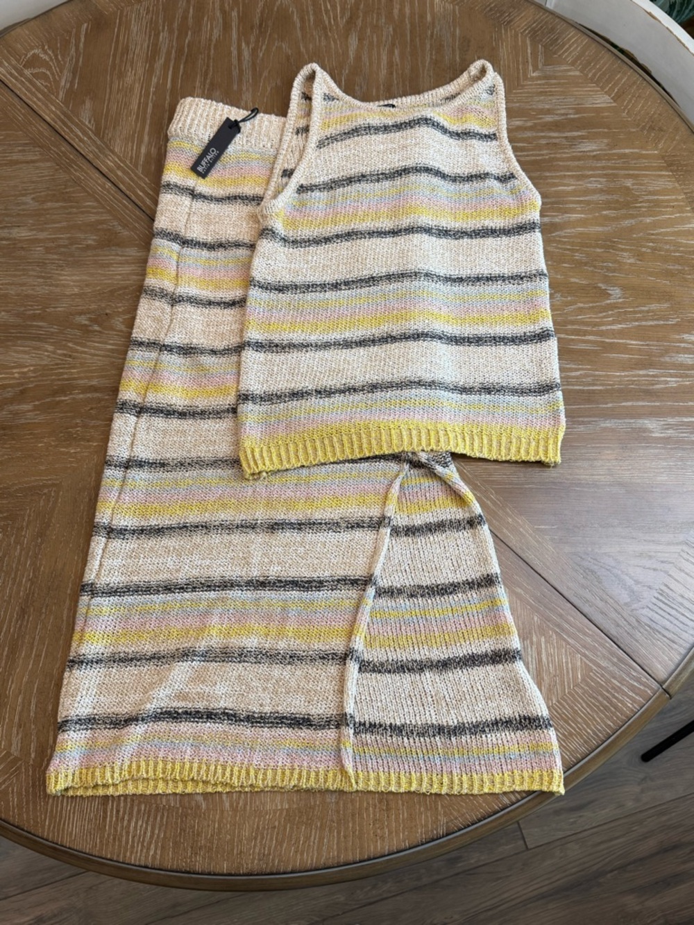 Buffalo David Bitton Cream Striped Knit Set with Yellow and Black Accents